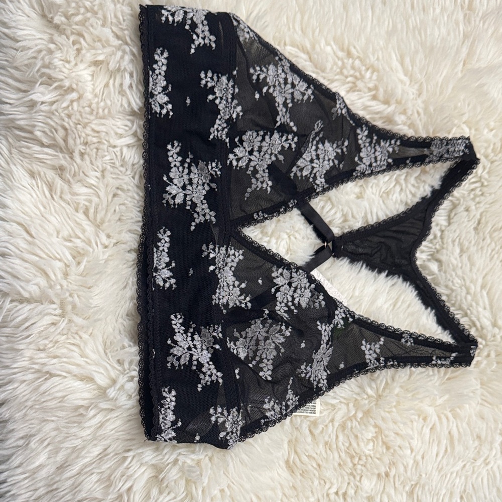Free People Black Lace Bralette with White Floral Embroidery